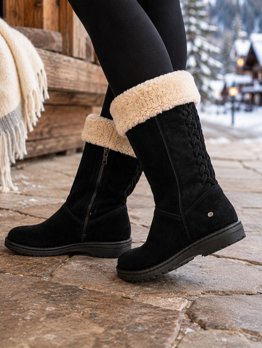 UGG KARYN Shearling Lined Mid Calf Boots Black Suede Side Zip Women’s 10